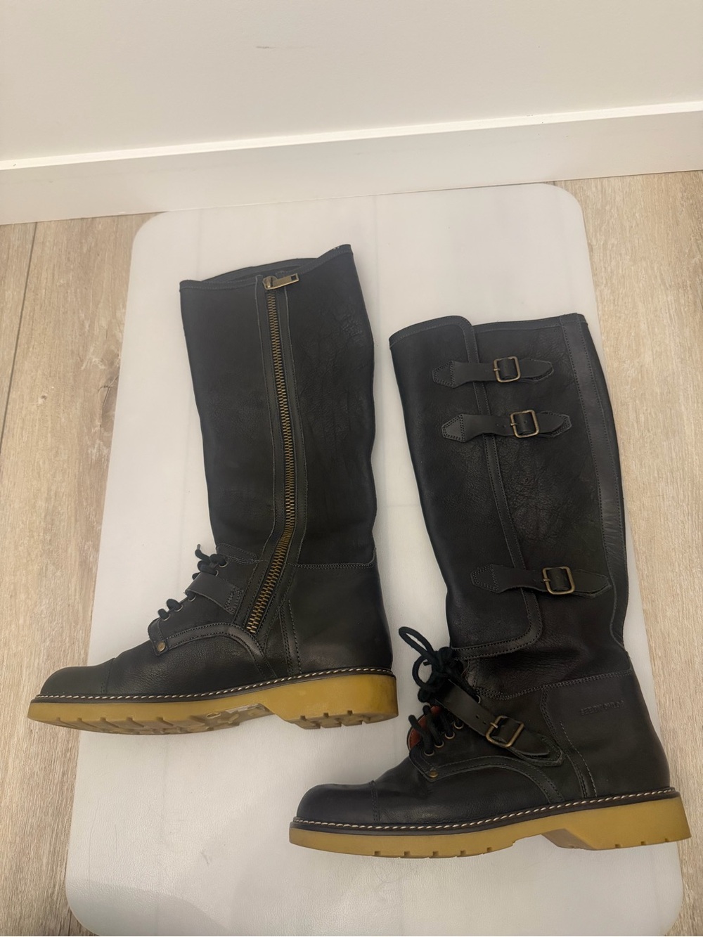 See By Chloe Black Leather Tall Combat Boots Buckle Lace Up EU 38